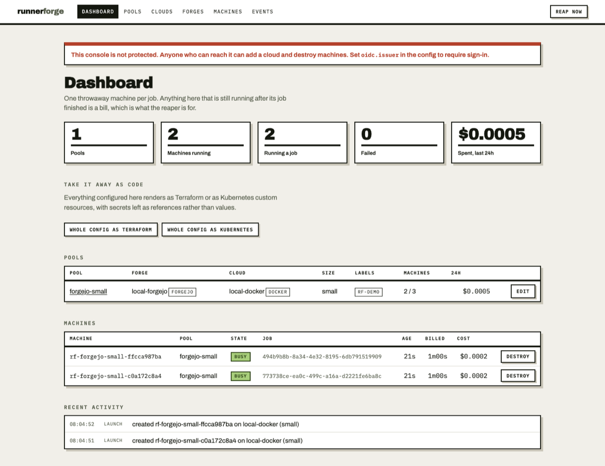 The runnerforge dashboard: counts of pools and running machines, a spend figure for the last 24 hours, a table of machines with their state and cost, and a log of recent activity.