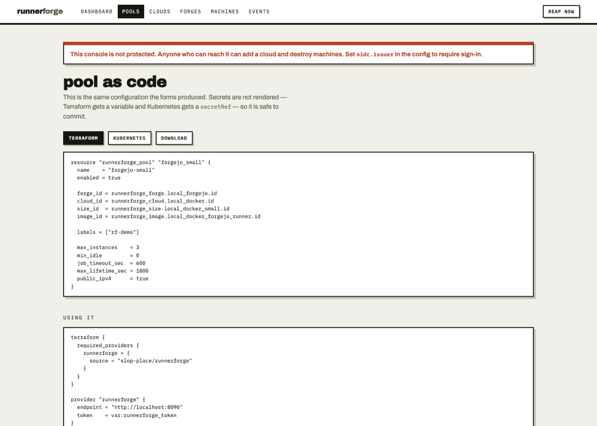 A pool rendered as Terraform HCL, with resource references to the forge, cloud, size and image rather than hard-coded ids.