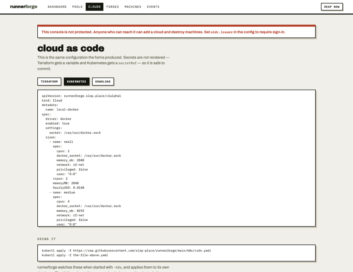 The same cloud rendered as a Kubernetes custom resource, with its size and image catalogues nested under the spec.