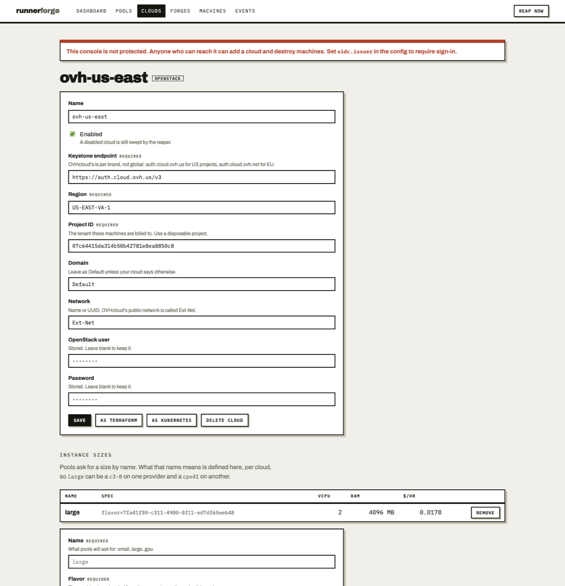 The OVHcloud configuration page: labelled form fields for the Keystone endpoint, region and project, with stored credentials shown as set rather than as values, and a flavor picker listing real machine types from the account.